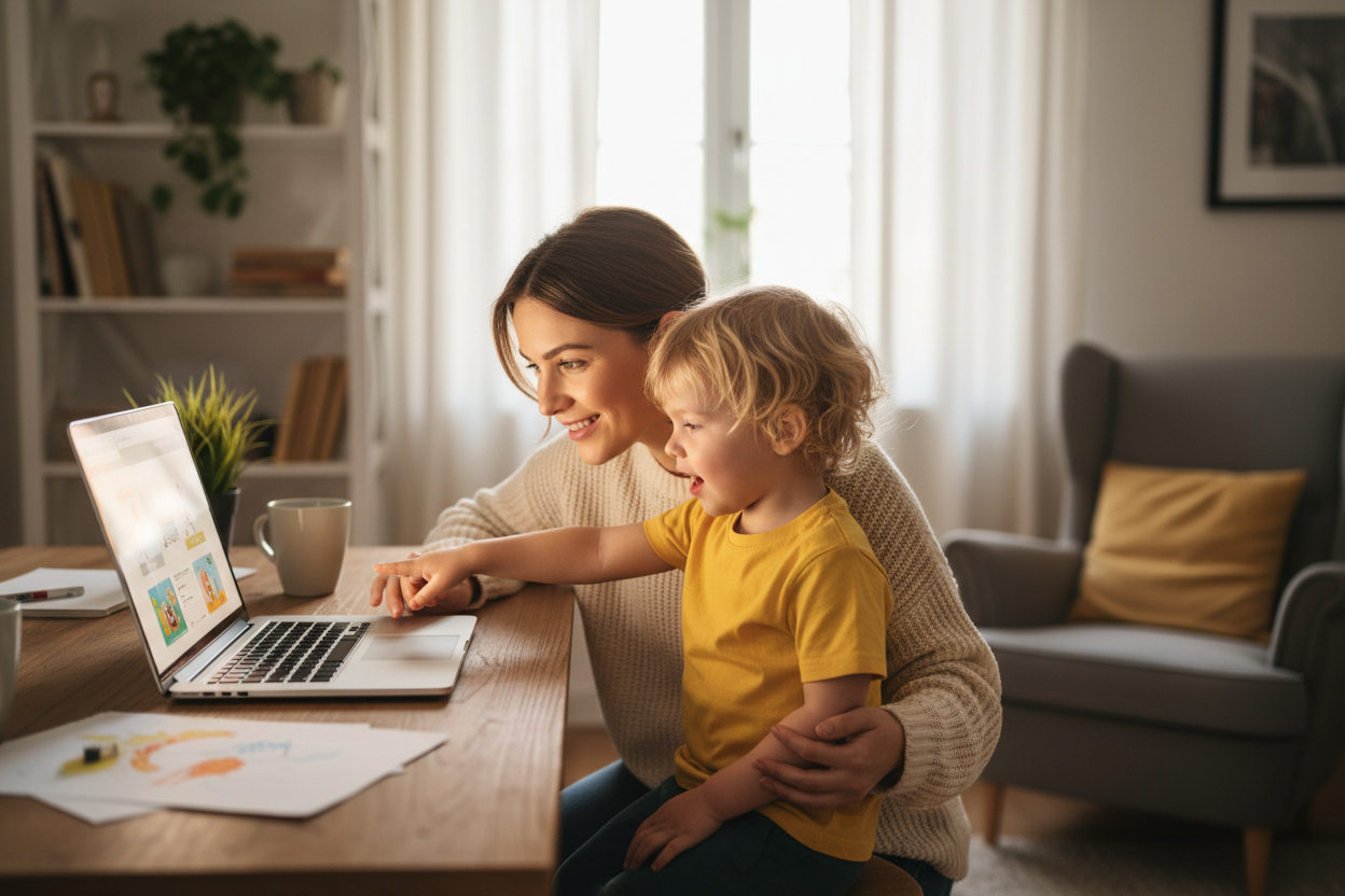 a mom with a child at her laptop